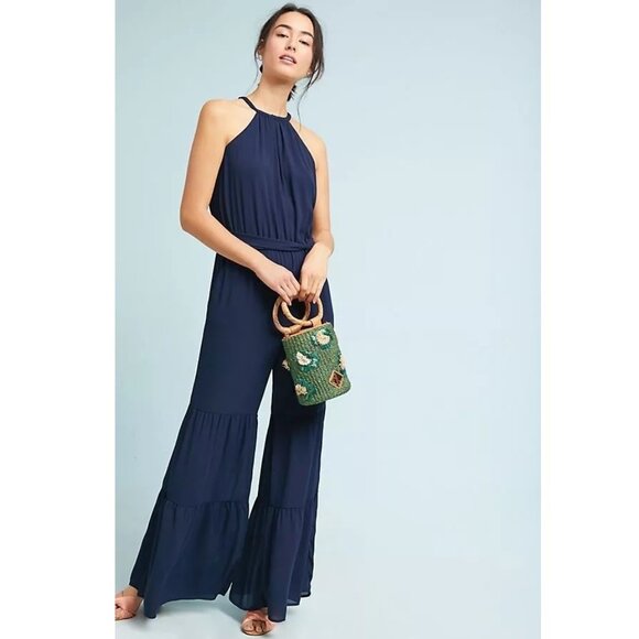 Anthropologie Greylin Tiered Wide Leg Jumpsuit in Navy Size XSP
